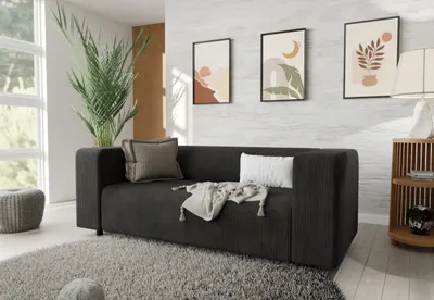 A modern living room with a dark gray corduroy sofa, decorative pillows, a throw blanket, a large potted plant, and artwork on the wall.