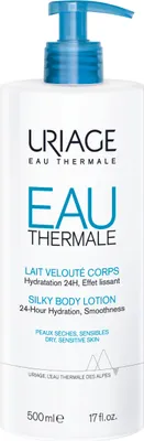 A white bottle of Uriage Eau Thermale Silky Body Lotion with a blue pump dispenser.
