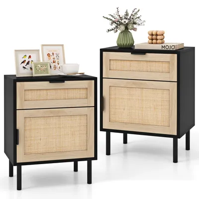 Produktbild von COSTWAY 2er Set Nachttisch Polyrattan, Nachtschrank mit Schublade & Schrank, Beistelltisch Sofatisch Nachtkonsole im Boho-Sti 45x30x59cm Schwarz