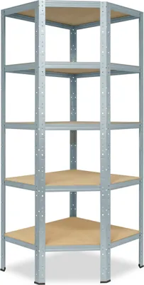 A corner shelving unit with five shelves, made of metal and wood.
