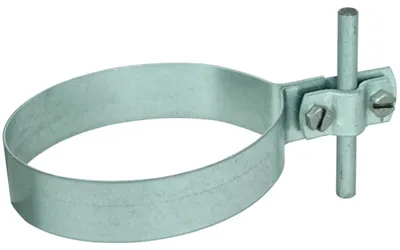 Imagen del producto de Abrazadera para canalones DEHN, diámetro 100 mm, acero galvanizado, con sistema de fijación de dos tornillos, rango de sujeción de 7-10 mm, 1 unidad, paquete de 20 unidades.