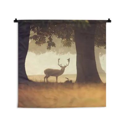 Produktbild von MuchoWow® Wandteppich Wandbehang Hirsche - Bäume - Wald 60x60 cm Tapisserie Dekoration Wandtuch - Dekorationen - Wand Decke