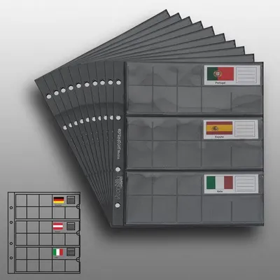 Produktbild von Prophila Collection 10 Münzhüllen für 3 komplette €-Kursmünzensätze mit je 8 Münzen, mit 10 schwarzen Karton-Zwischenbl. + 24 Flaggen
