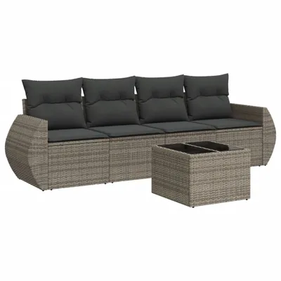Produktbild von 5-tlg. Garten-Sofagarnitur mit Kissen Grau Poly Rattan