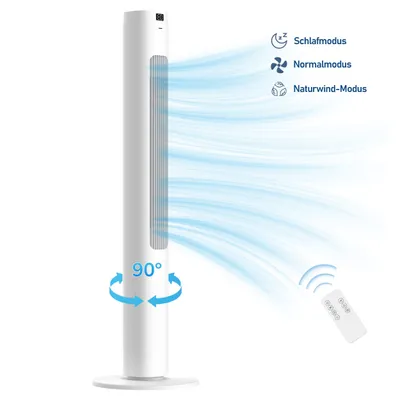 Produktbild von Turmventilator 114 cm mit Fernbedienung, 33 cm Standfuß, 90° Oszillation & 9h-Timer Hoher Turmventilator mit 400 m³/h, 3 Modi und stabilem Standfuß