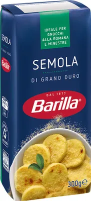 A product package for semola di grano duro (durum wheat semolina) from Barilla, showing a bowl of cooked gnocchi.