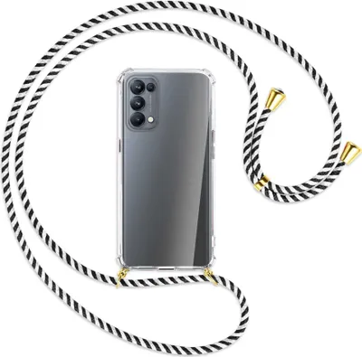 Produktbild von Handykette Backcover-Schutzhülle mit Band (Metall goldfarben) für Oppo Reno5 Pro 5G - schwarz/weiß gestreift