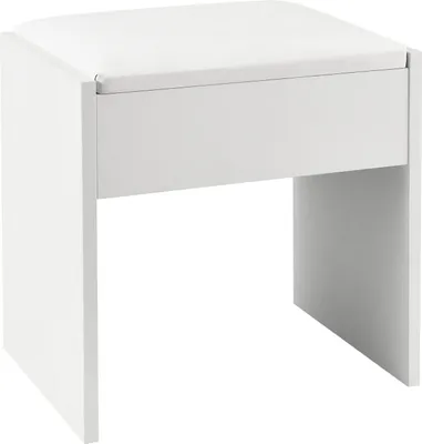 A white upholstered stool shown from the front-left.