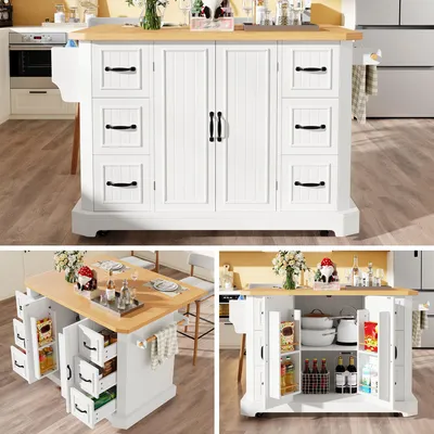 Produktbild von Kücheninsel mobil Küchenschrank Küchenwagen mit 2 Türen 6 Schubladen rollbar 120x45x91 cm Weiß