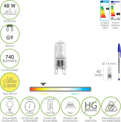Productafbeelding van G-9 halogeenlamp. 48 Watt. 460 lumen. Warm wit licht (3.000 Kelvin)