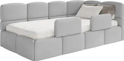 Produktbild von Selsey Cloudy – Kinderbett 120x200, Kopfteil rechts, Matratze & Bettkasten, Chenille Hellgrau