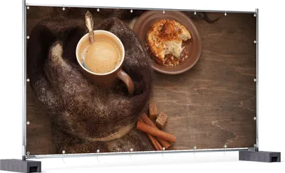 Produktbild von Wallario XXL Outdoor-Poster für Garten oder Balkon, Motiv Kuchen und Kaffeegenuss, in ca. 340 x 173 cm