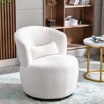 Produktbild von Merax Drehsessel mit Teddyplüsch Bezug und Zierksissen, 360° drehbar Relaxsessel Stuhl gepolstert Schminkstuhl Drehstuhl, Weiß