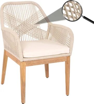 Produktbild von Gartenstuhl HWC-H56b, Sessel Outdoor Stuhl, wetterfest Seilgeflecht Rope Holz Akazie  beige Kissen creme-weiß