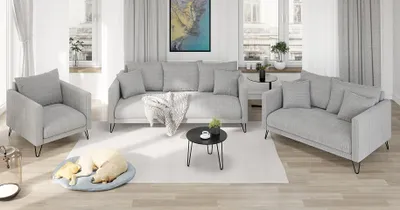 Produktbild von S-STYLE MÖBEL - Harmony - Modernes Polstergarnitur 3+2+1 aus Hellgrau Chenille-Stoff mit Hohen Schwarzen Metallfüßen