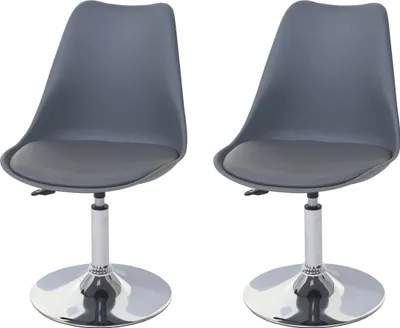 Two dark gray dining chairs with chrome bases are shown against a white background.