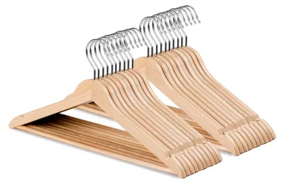 Produktbild von Kleiderbügel Holz, 20 Stück, Natur, Mit Hosenstab und Kerben, 360° Drehbarer Haken, 42 cm Breit