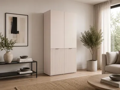 Produktbild von Drehtürenschrank, Falttürenschrank 2-türig Schrank mit Einlegeböden und Kleiderstange, Schlafzimmer  - Schrank Minewra 100 - Beige