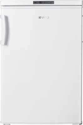 A white upright freezer with a handle on the left side and a control panel at the top.