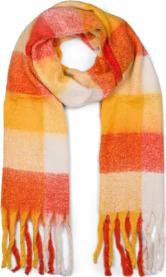Produktbild von styleBREAKER Damen Web Strickschal mit buntem Karo Muster und langen dicken Fransen, warmer Winter, Stola 01017138