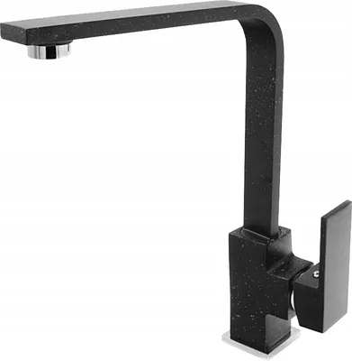 A black granite-patterned kitchen faucet with a silver aerator.
