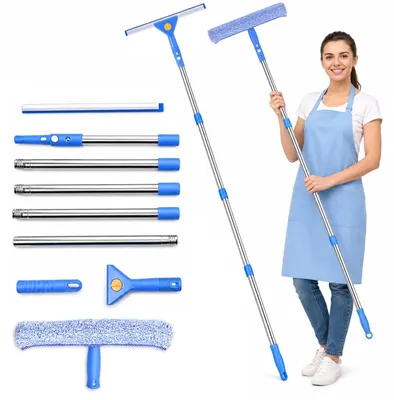 Obrázok produktu pre Sada na čistenie okien s teleskopickou tyčou (90-196 cm), bezšmúhová stierka na okná, utierka z mikrovlákna na čistenie