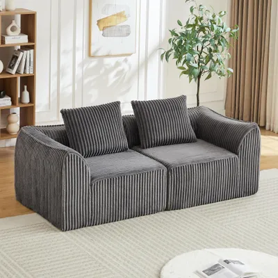 Image de Canapé en velours côtelé aux lignes courbes, avec un dossier en pente douce, 2 coussins inclus, gris