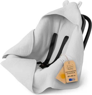 Productafbeelding van Babydeken 90x90 cm, mousseline, grijs, met capuchon, voor kinderwagen