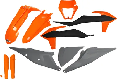 Produktbild von Verkleidungskit UFO PLAST 10-teilig Verkleidungssatz Kunststoff mit Gabelschutz für KTM EXC Sixdays EXC-F 125 - 500 ccm Bj. 2020 - 2023, Farbe:orange / dunkelgrau / schwarz