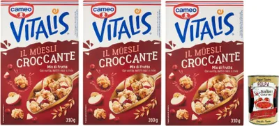 Produktbild von Cameo Vitalis Muesli Croccante Mix di Frutta , Müsli knusprige Mischung aus Früchten mit Blaubeer -Rosinen und Äpfeln, 3x 310 g + Italian Gourmet polpa 400g
