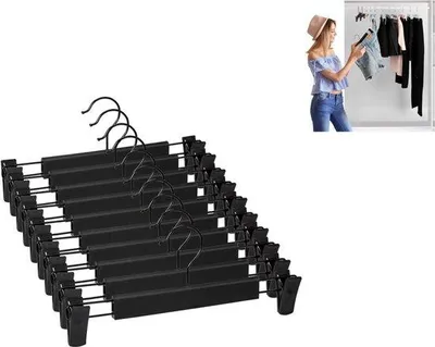 Obrázek produktu pro Věšáky na oblečení - držáky na kalhoty - držáky na kalhoty s knoflíky - 10 kusů - Úsporné věšáky na oblečení se dvěma rameny - věšáky na oblečení - držáky na kalhoty s protiskluzovou úpravou - držáky na kalhoty a sukně - držáky na sukně pro kalhoty - černá barva - věšáky na oblečení se sponami
