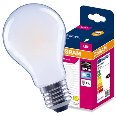 Immagine prodotto di Lampadina LED E27 A60, 11W (equivalente a 100W), 1521 lumen, 4000K (luce neutra), angolo di illuminazione 300°, tecnologia Filament, marca Osram, Immagine generata dall'IA