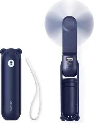 A dark blue portable fan is shown in two states: folded and unfolded. The folded state resembles a bear's face, and the unfolded state shows the fan mechanism and charging ports.