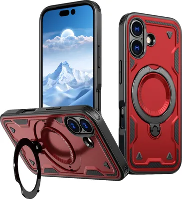 Produktbild von Dual Layer Hülle für iPhone 17 mit Ring Ständer Magnetisch Stoßfest Handyhülle Rot