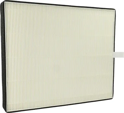 A side view of a white pleated air filter with a black frame, shown against a white background.