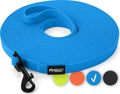 Produktbild von REAVET Schleppleine für Hunde 15 Meter, Blau I Robuste & wasserfeste Hundeleine lang I Übungsleine mit Griff, Trainingsleine Laufleine für große & kleine Hunde