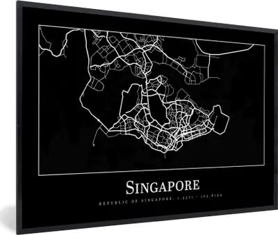 Produktbild von MuchoWow® Gerahmtes Poster Singapur - Karte - Stadtplan 90x60 cm - Poster mit Schwarzem Bilderrahmen Wandposter Rahmen Foto Bilder - Fotorahmen - Foto-Plakat