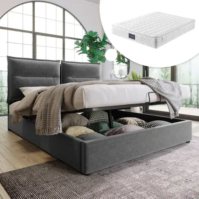 Produktbild von Flieks Hydraulisches Polsterbett mit Matratze 140x200cm Boxspringbett mit Bettkasten, Stauraum. Lattenrost, Samt, Grau