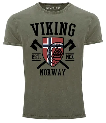 Produktbild von Herren Vintage Shirt Viking Norway Norwegen Flagge Wikinger nordisch Printshirt T-Shirt Aufdruck Used Look Neverless® oliv M