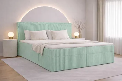 Produktbild von MOEBLO Boxspringbett Bett 04 – Boxspringbett aus Cord, Polsterbett Kontinentalbett Doppelbett mit Bonell-Matratze, Topper und Bettkasten (gepolstertes Kopfteil, Boxspring) - 180 x 200 - Ambience 14 Mint