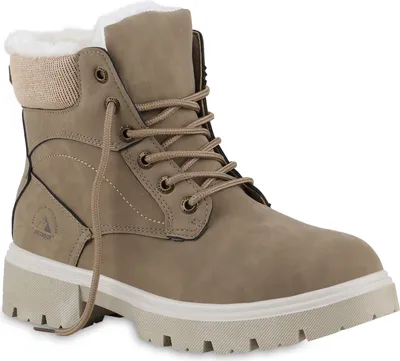 A single tan boot with white fur lining is shown against a white background.