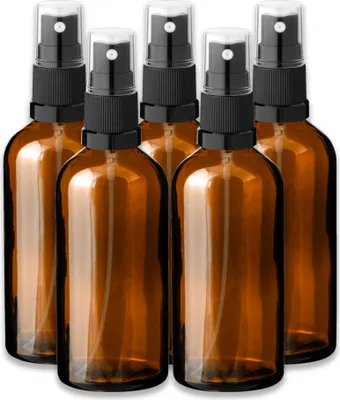 Produktbild von 5x Glasflasche braun 100 ml mit schwarzem Zerstäuber Sprükopf leer Set