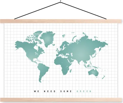 Produktbild von MuchoWow® Textilposter Weltkarte - Grün - Zitat - Kind - Jungen - Mädchen 120x80 cm mit holzfarbenen Rahmen - Aufhängeset