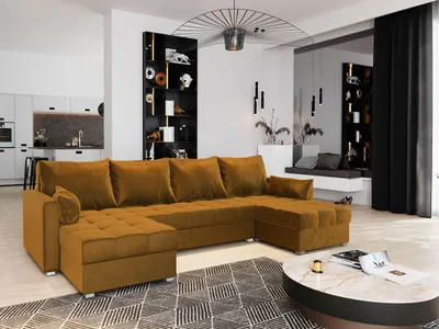 A modern living room with a large sectional sofa.