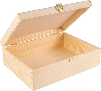 An open wooden box with a light wood finish and a brass latch.