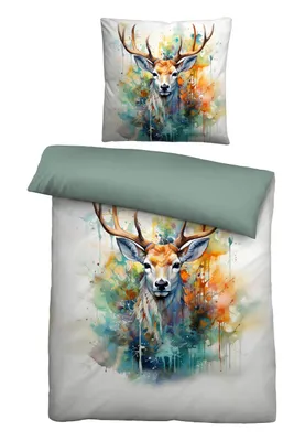 Produktbild von Biberna Renforcé Bettwäsche Hirsch, Größe 1x 155x220 cm + 1x 80x80 cm, natur