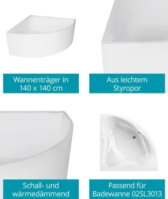 Produktbild von Calmwaters® Wannenträger 140 x 140 cm Original, Passend für Eck-Badewanne 140x140 cm, Styroporträger, Schall- und wärmedämmend, Direkt verfliesbar, Badewannenträger in Weiß, 03AX2458