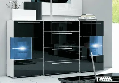 Produktbild von Designer Kommode Glas Vitrine Sideboard Highboard Schrank Led Hochglanz Kommoden