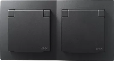 Two black electrical outlets with protective covers are shown side-by-side.