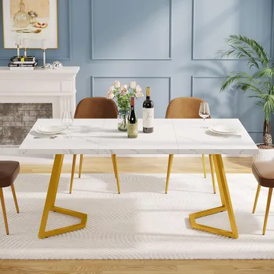 Produktbild von Esstisch rechteckig 140x80 cm weiß mit goldfarbenen Metallbeinen Marmoroptik für 4-6 Personen